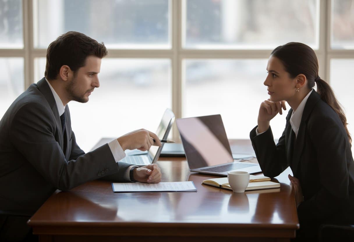 Twee professionals in een kantoor die serieus overleggen aan een tafel met documenten.