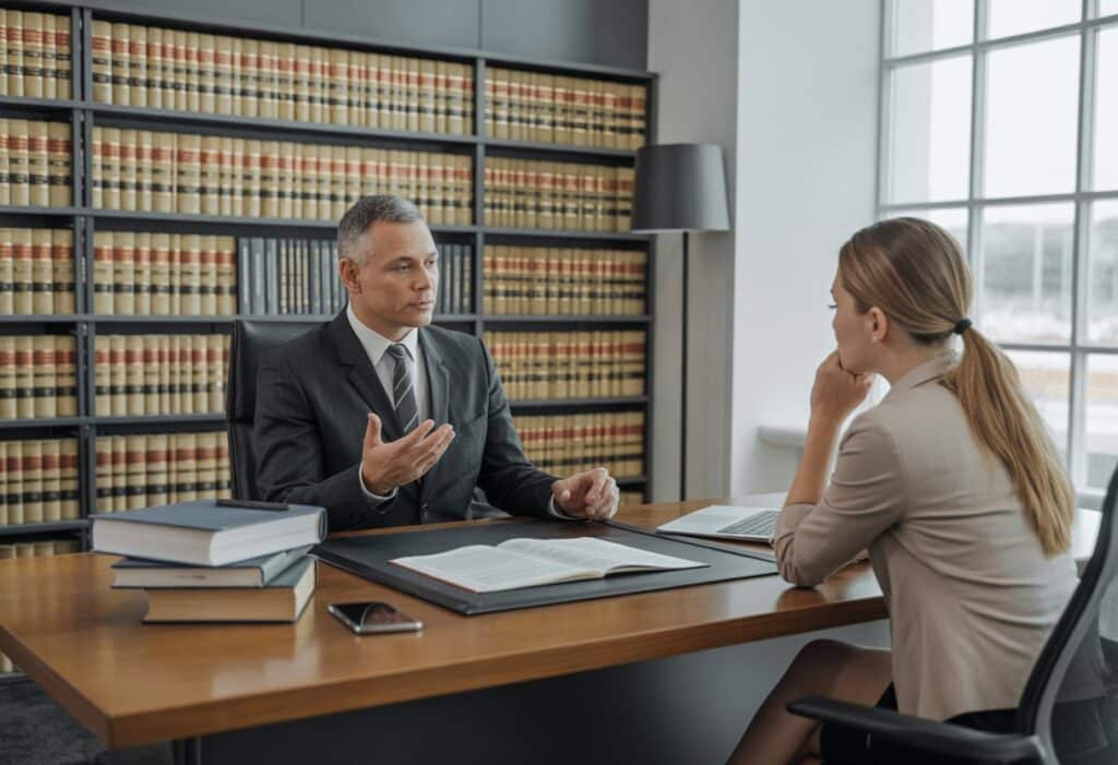 Een advocaat legt een cliënt de juridische procedures uit in een kantooromgeving.
