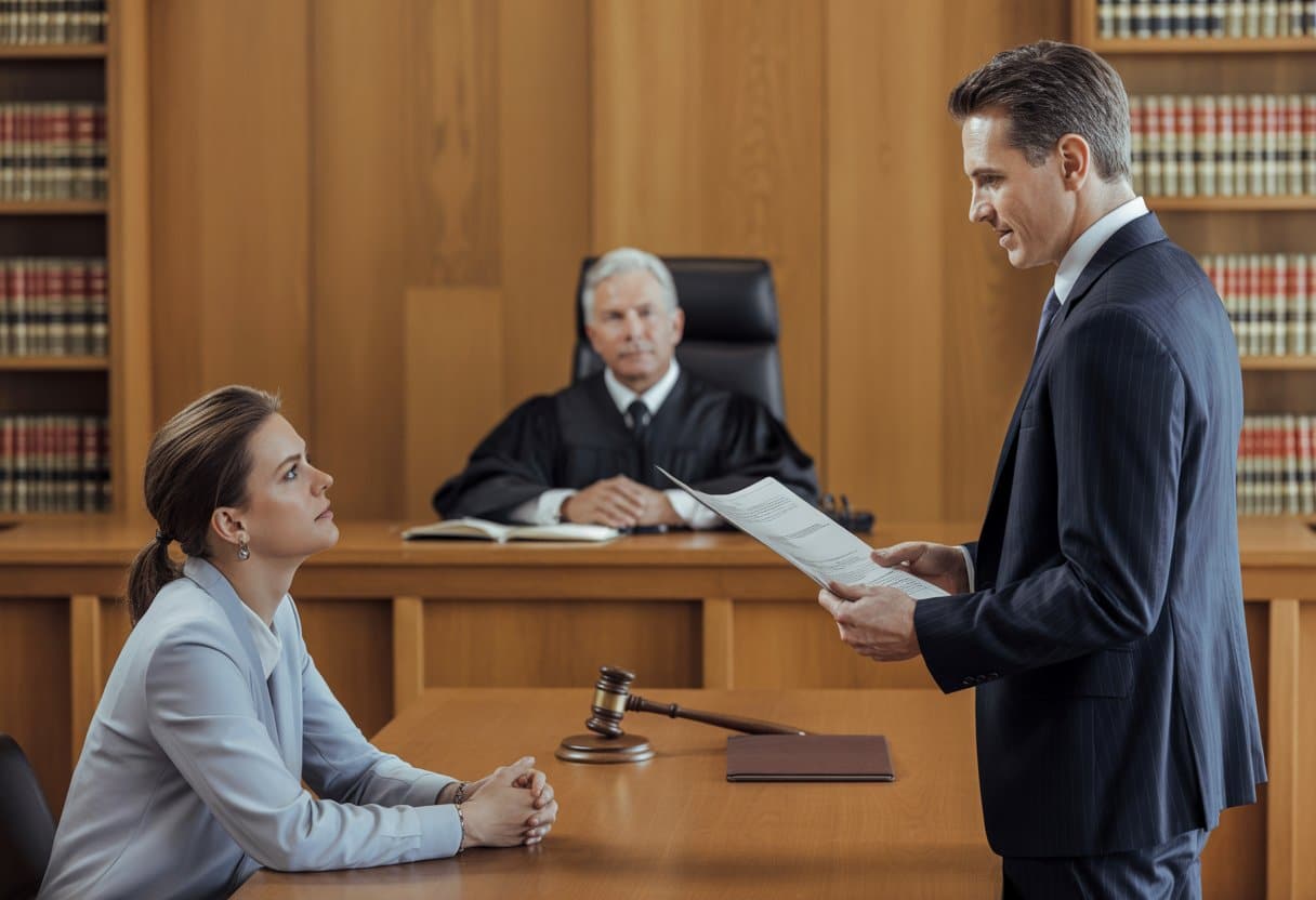 Een advocaat spreekt in een rechtszaal terwijl een cliënt naast hem zit en een rechter op de achtergrond toekijkt.
