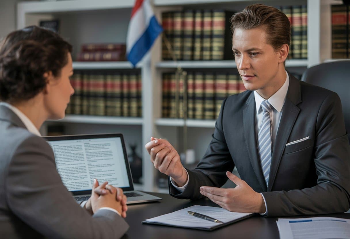 Een advocaat die in een kantoor een cliënt informeert over juridische procedures, met documenten en een laptop op tafel.
