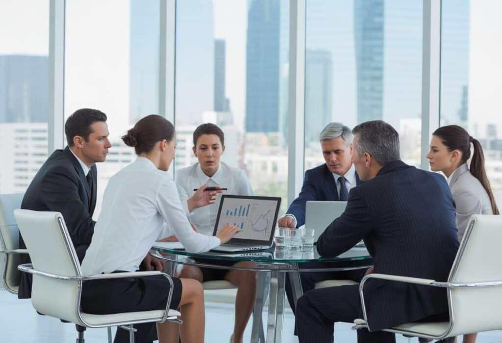 Een groep zakelijke professionals bespreekt een probleem rond een vergadertafel in een modern kantoor.