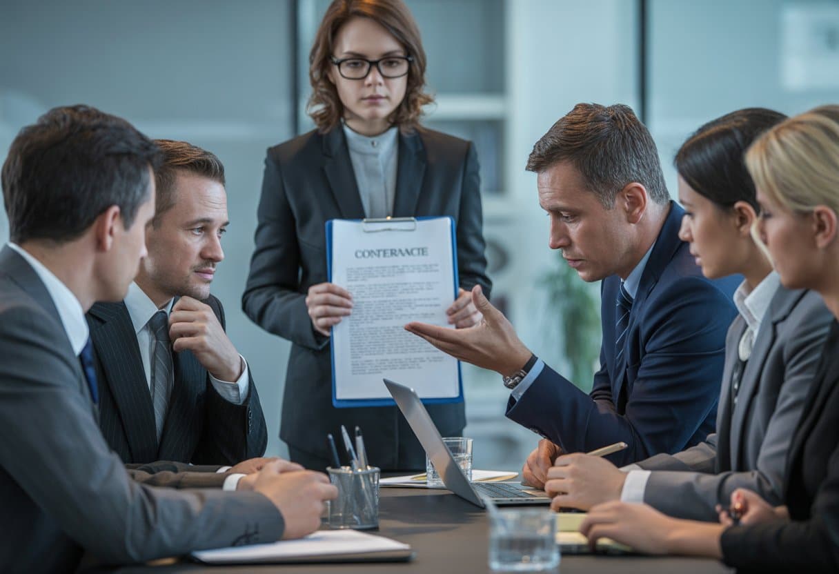 Zakelijke bijeenkomst met professionals die een bespreking voeren over vertegenwoordiging en bestuurdersaansprakelijkheid.