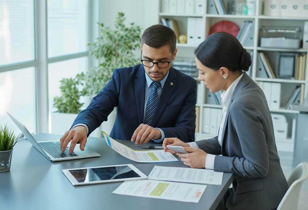 Twee zakelijke professionals bespreken documenten aan een vergadertafel in een kantooromgeving.