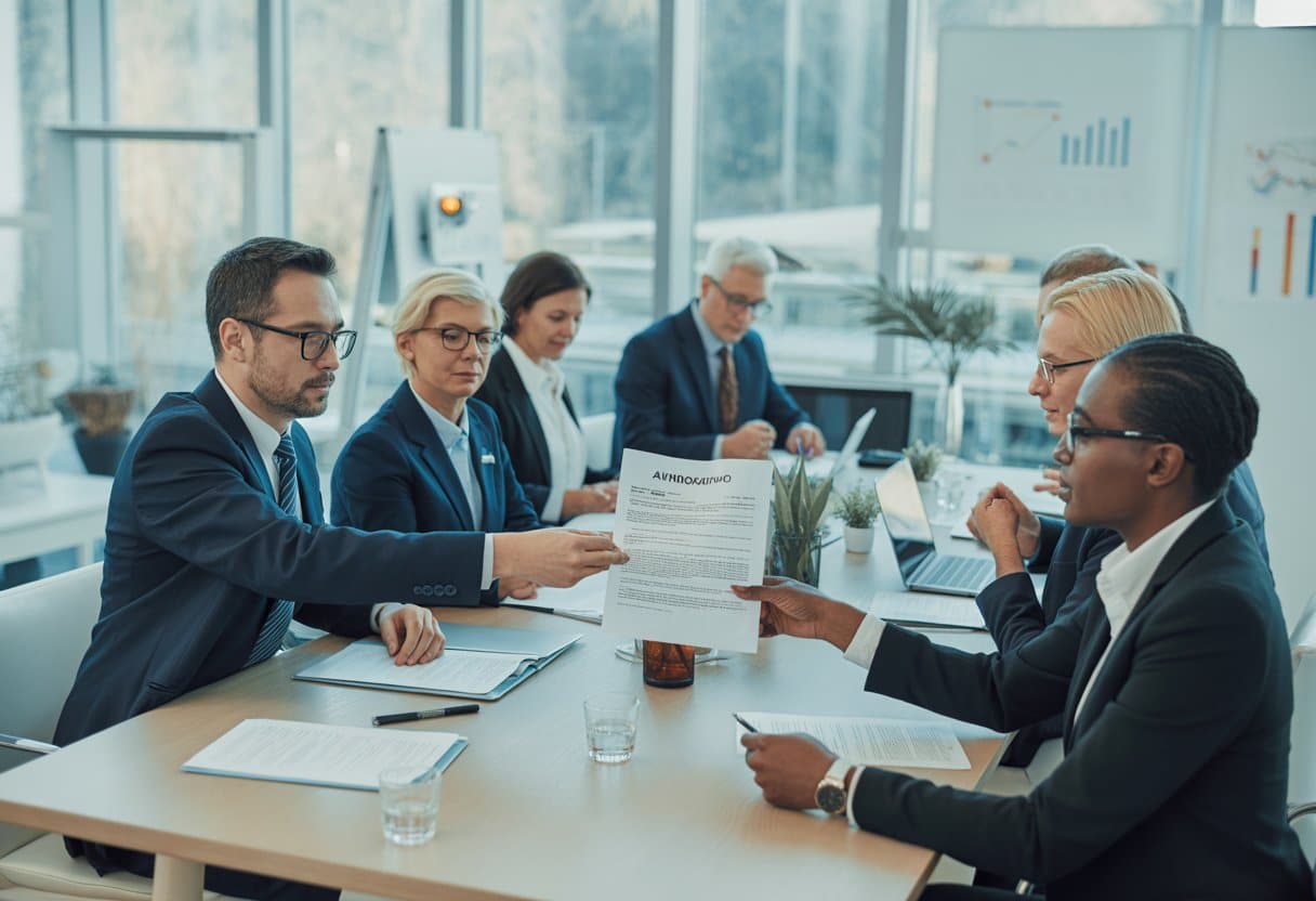 Een groep zakelijke professionals zit samen aan een vergadertafel en wisselt documenten uit in een moderne kantoorruimte.