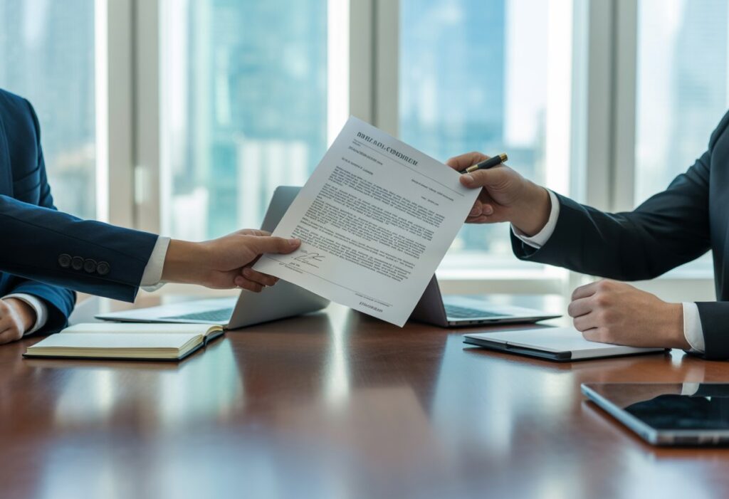 Twee zakelijke mensen zitten aan een tafel en wisselen een ondertekend document uit in een kantoor met uitzicht op de stad.