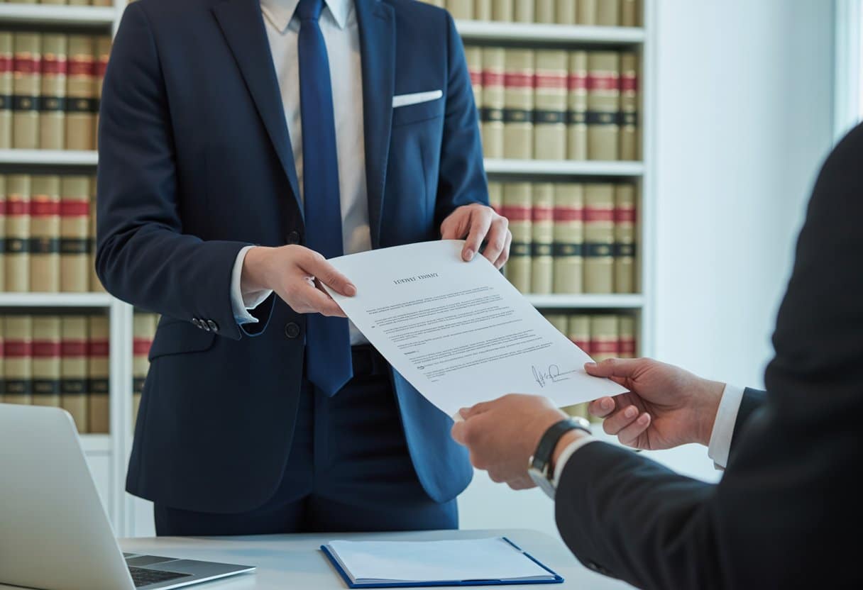 Twee personen in een kantooromgeving waarbij de ene persoon een ondertekend document aan de andere overhandigt.