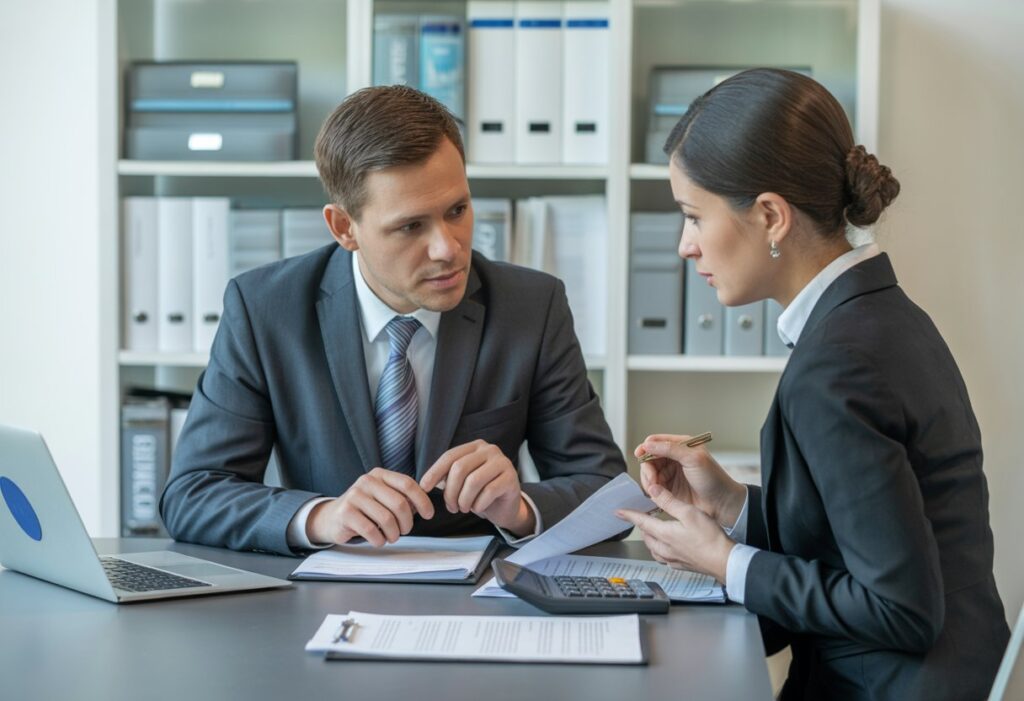 Twee zakelijke professionals bespreken documenten aan een bureau in een kantooromgeving.