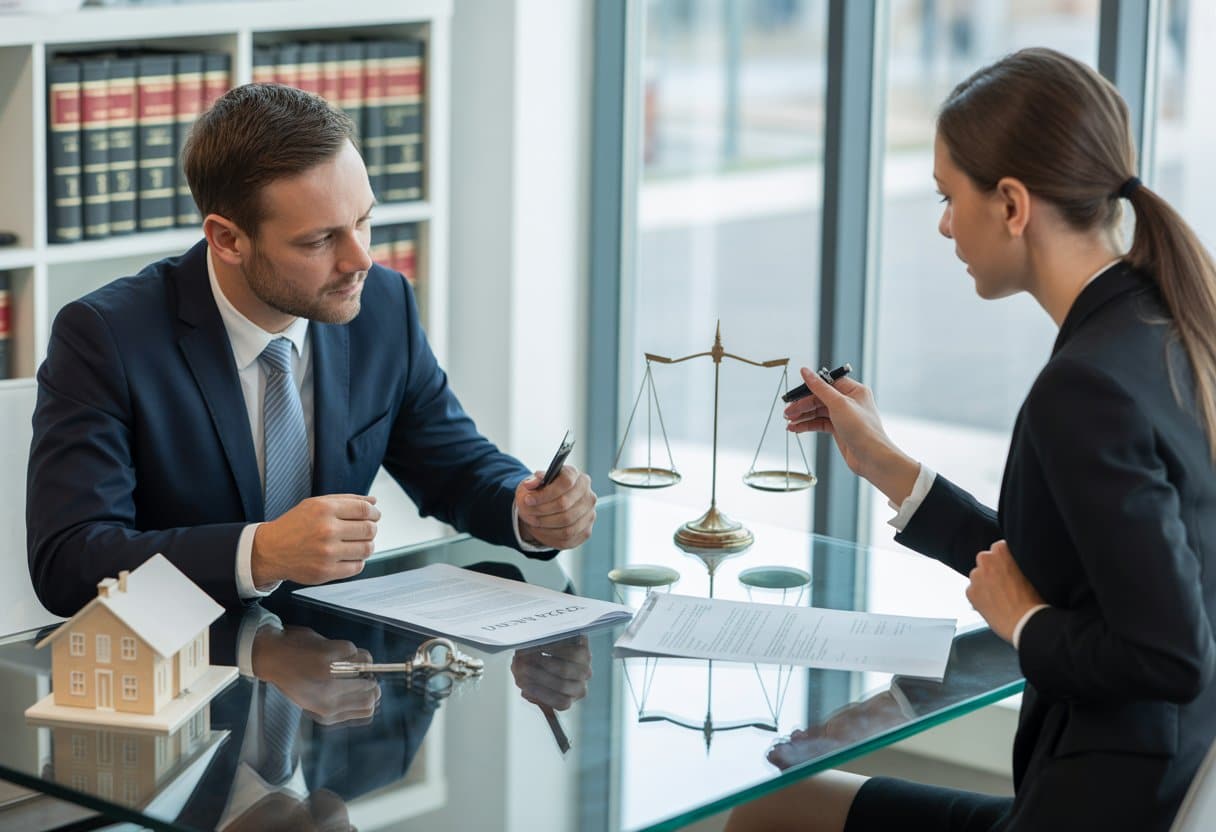 Twee zakelijke professionals bespreken documenten over eigendomsvoorbehoud en pandrecht in een modern kantoor.