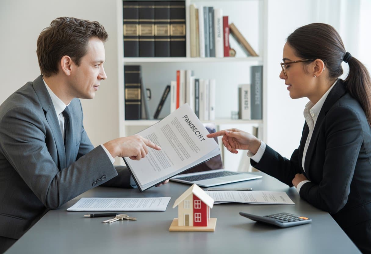 Twee professionals bespreken documenten aan een kantoor tafel met een huismodel en sleutels, wat een zakelijke onderhandelingen over eigendom en pandrecht uitbeeldt.