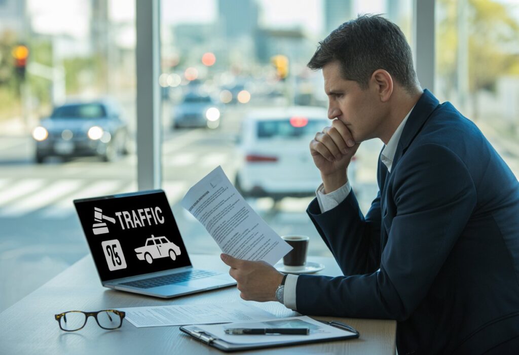Een man zit aan een bureau in een kantoor en bekijkt documenten en een laptop met juridische en verkeerssymbolen, met een stadsgezicht met verkeer op de achtergrond.