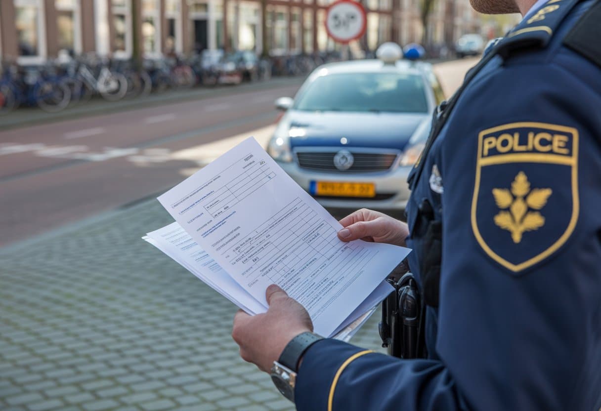 Verkeersovertredingen en strafblad: hoe groot is de impact? 1 Een Nederlandse politieagent bekijkt documenten buiten bij een straat met een auto en een verkeersbord op de achtergrond.