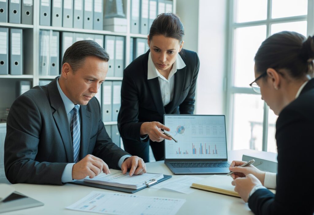 Een groep professionals in een kantoor bespreekt financiële documenten tijdens een onderzoek naar vermoedens van fraude.