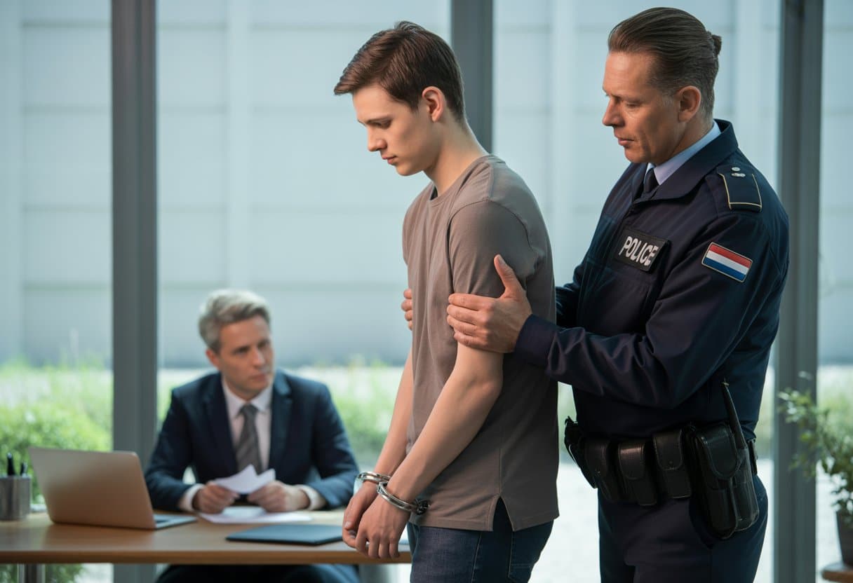 Een politieagent begeleidt een man in handboeien in een politiebureau, terwijl een advocaat aan een bureau met documenten overlegt.