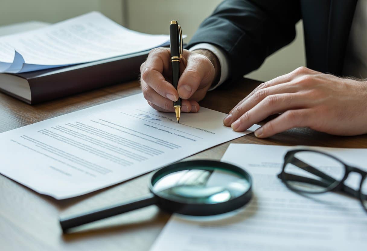 Close-up van handen die een document ondertekenen met juridische papieren en een vergrootglas op een bureau.