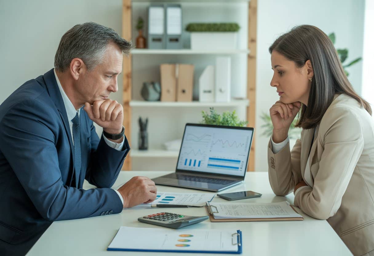 Een man en een vrouw zitten aan een bureau met financiële documenten en een laptop, ze bespreken de verdeling van vermogen bij een scheiding.