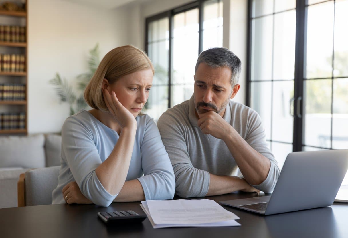 Een serieus kijkend stel zit aan een tafel met documenten en een laptop, ze bespreken hun financiële situatie in een huiselijke omgeving.