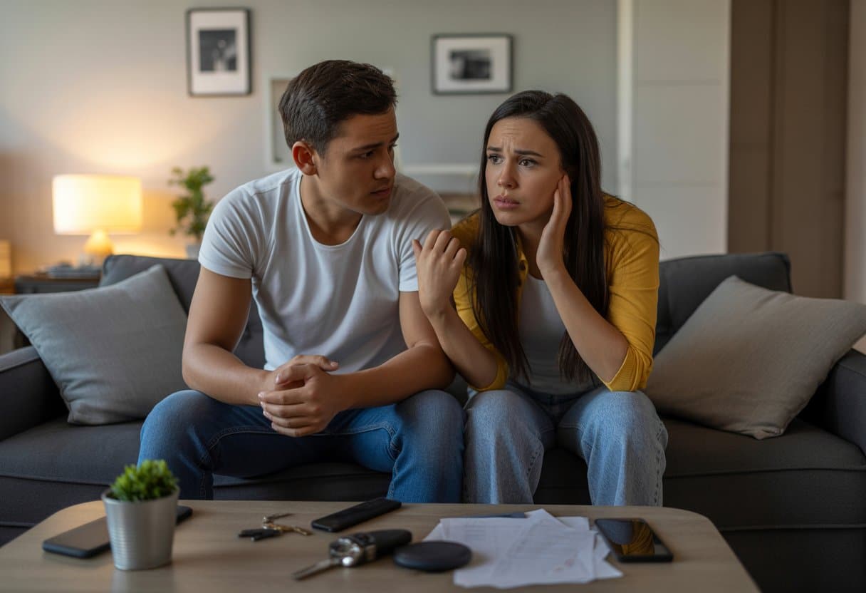 Een jong stel zit samen in een woonkamer met een bezorgde uitstraling, omringd door persoonlijke spullen op een tafel.