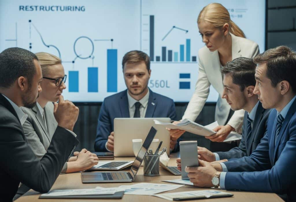 Een groep zakelijke professionals bespreekt documenten en grafieken in een moderne kantooromgeving tijdens een herstructurering van een onderneming.