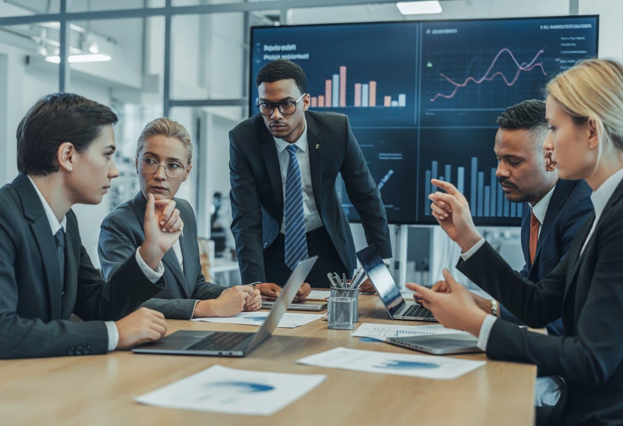 Een groep zakelijke professionals bespreekt documenten en financiële gegevens in een moderne kantooromgeving tijdens een herstructurering van een onderneming.