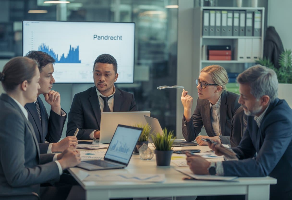 Zakelijke professionals bespreken plannen rond een tafel in een kantooromgeving na een bedrijfsherstructurering.
