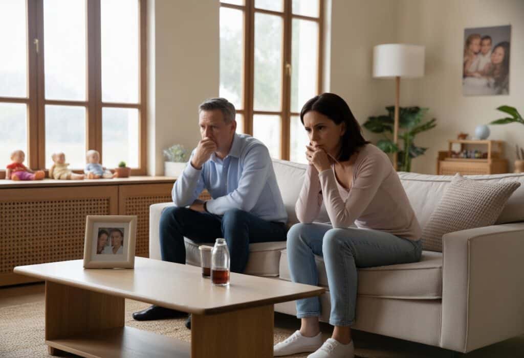 Een man en vrouw zitten in een woonkamer en kijken nadenkend, met een warme en rustige sfeer.