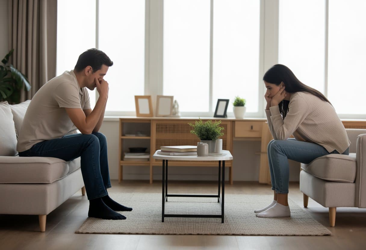 Een man en een vrouw zitten apart in een woonkamer, beiden kijken serieus en nadenkend.