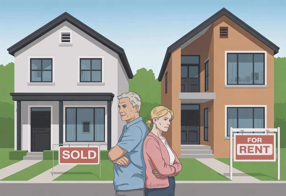Een stel staat apart voor twee naast elkaar gelegen woningen, een koopwoning en een huurwoning, in een rustige woonwijk.