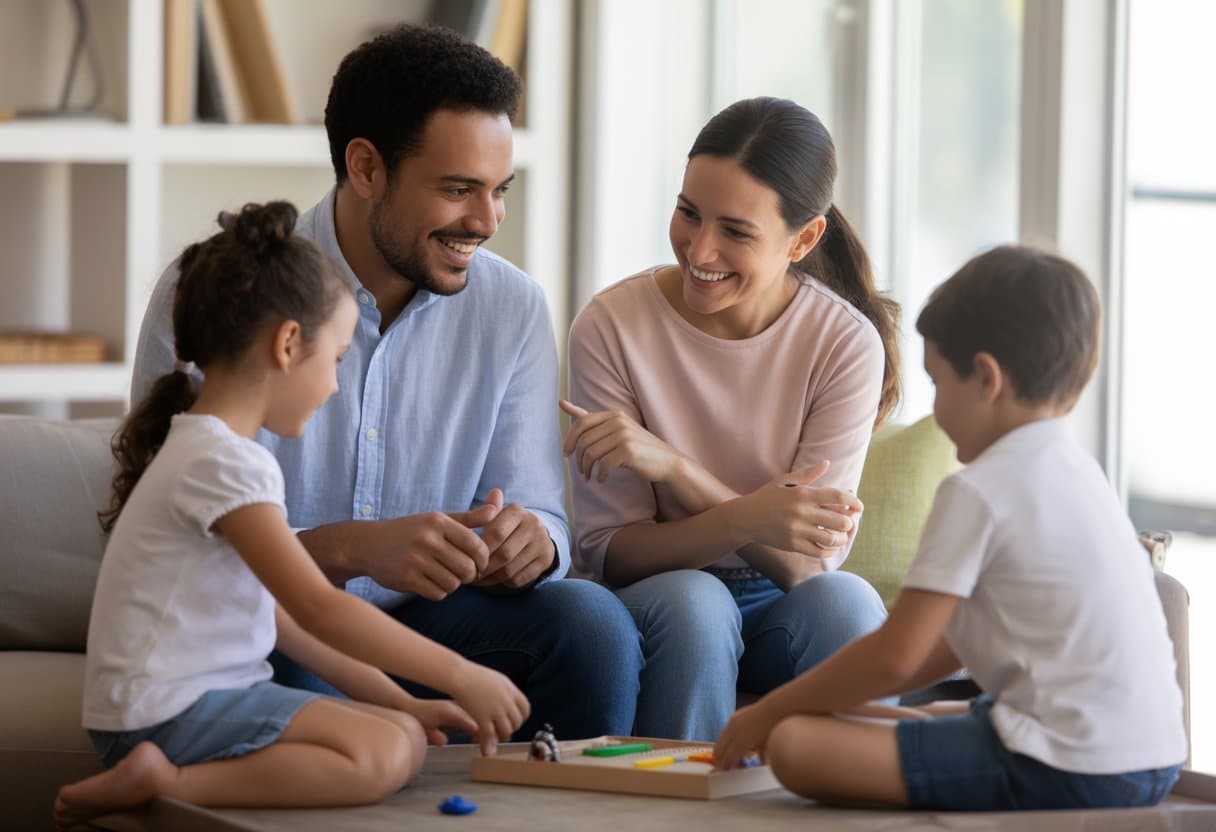 Twee ouders zitten samen met hun twee kinderen in een lichte woonkamer, ze lachen en spelen samen in een ontspannen en harmonieuze sfeer.