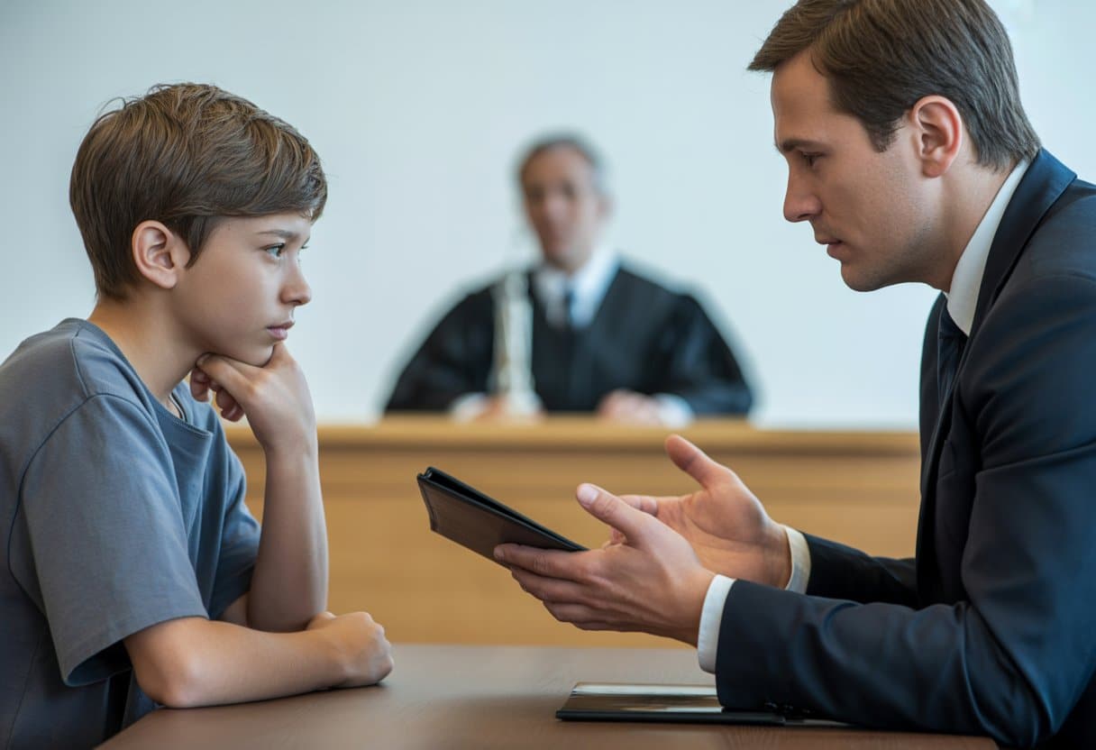Een tiener zit samen met een advocaat in een rechtszaal terwijl een rechter op de achtergrond aanwezig is.