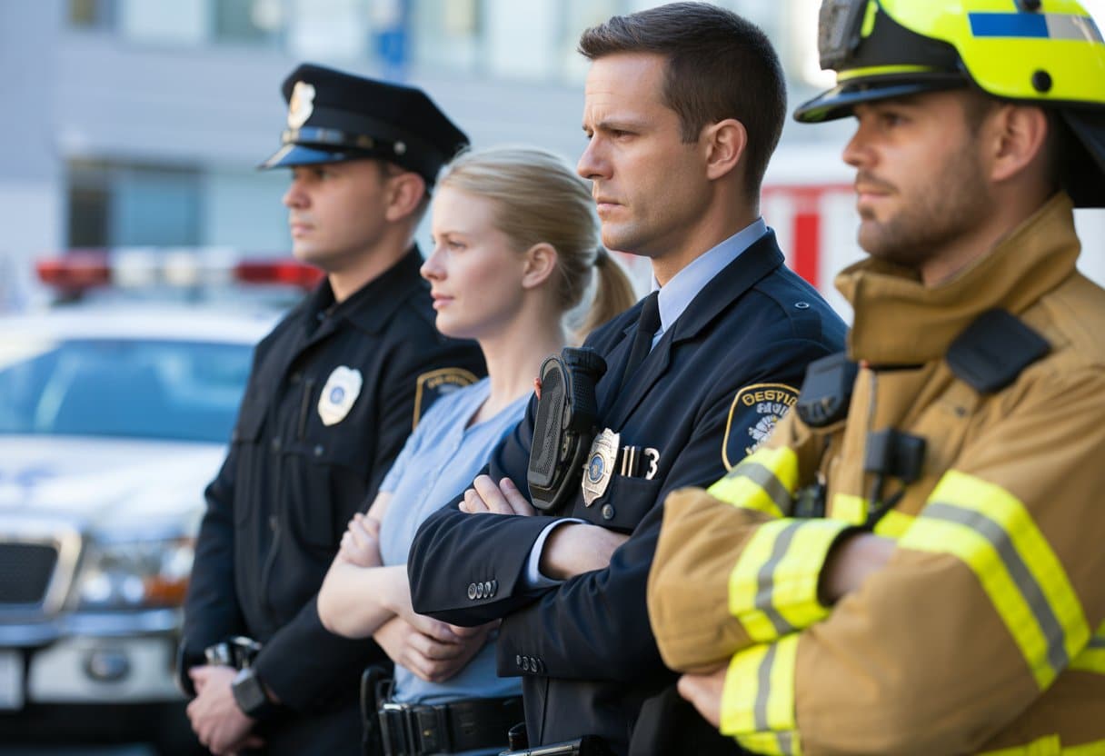 Een groep hulpverleners in uniform staat samen buiten bij een ziekenhuisomgeving, klaar om te helpen.
