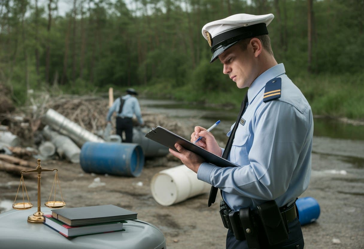 Milieudelicten en strafrechtelijke handhaving: regelgeving, aanpak en gevolgen 1 Een politieagent onderzoekt een illegale stortplaats in een natuurlijke omgeving met zwerfafval en chemicaliën.