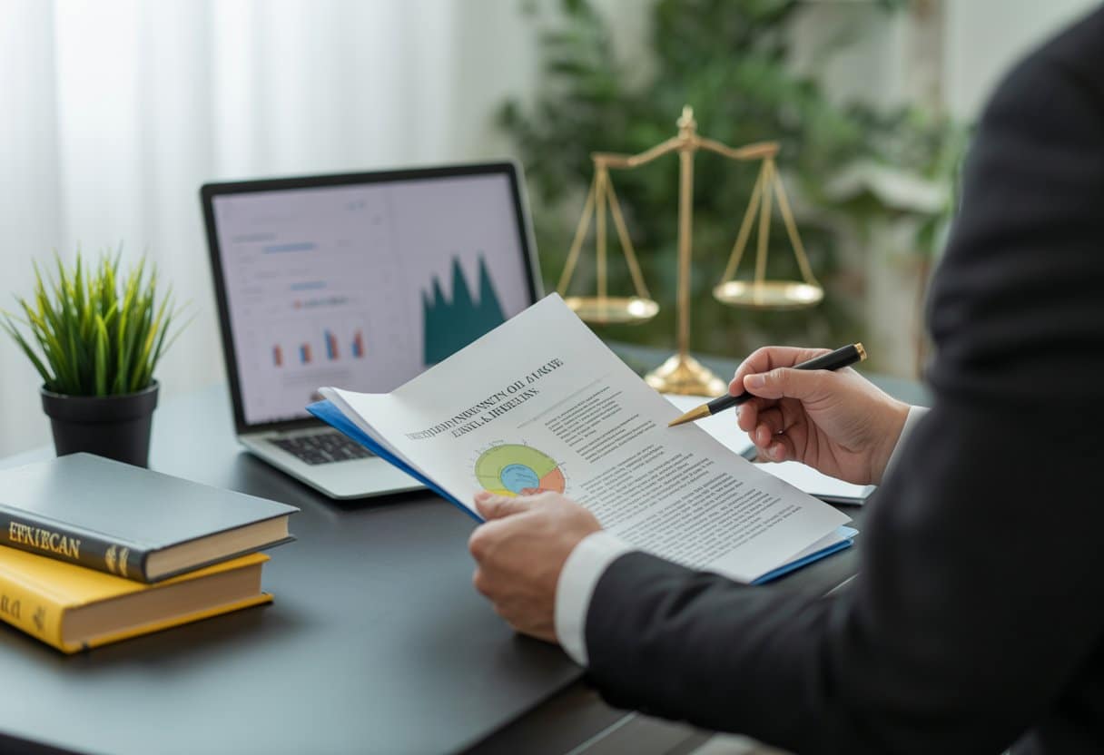 Milieudelicten en strafrechtelijke handhaving: regelgeving, aanpak en gevolgen 2 Een advocaat die in een kantoor milieugerelateerde juridische documenten bestudeert met een weegschaal van gerechtigheid op de achtergrond.