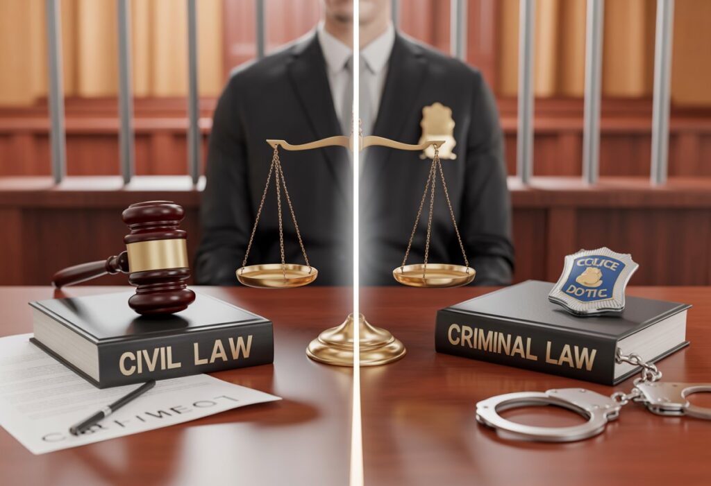 Een afbeelding van een rechtszaal met aan de ene kant symbolen van civiel recht zoals een handdruk en contracten, en aan de andere kant symbolen van strafrecht zoals een politiebadge en handboeien, gescheiden door een weegschaal van gerechtigheid.