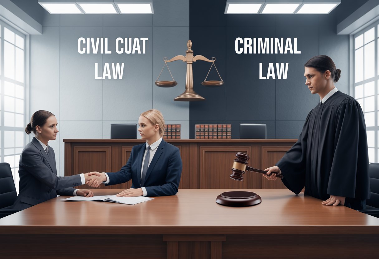 De grens tussen civiel en strafrecht: wanneer wordt een conflict een misdrijf? 1 Een rechtbank verdeeld in twee delen: aan de ene kant mensen die een overeenkomst sluiten, aan de andere kant een rechter en een beklaagde in een strafzaak.