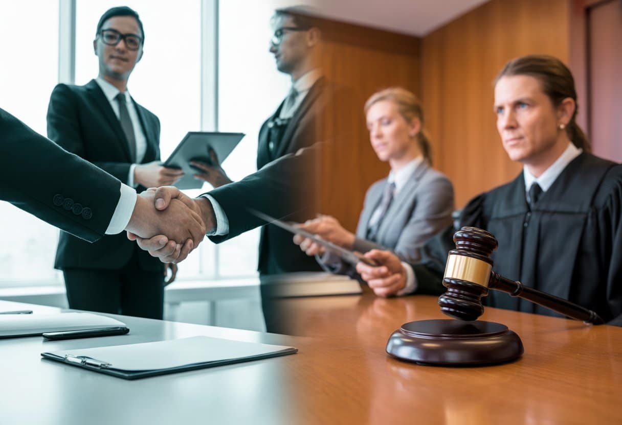 De grens tussen civiel en strafrecht: wanneer wordt een conflict een misdrijf? 2 Twee zakelijke professionals schudden handen over documenten tegenover een rechtszaal met een rechterhamer en een aanklager die bewijs presenteert.
