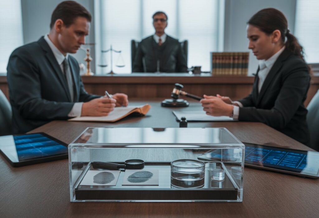 Een moderne rechtszaal met advocaten die bewijsstukken bespreken en een vitrinekast met forensisch bewijs.