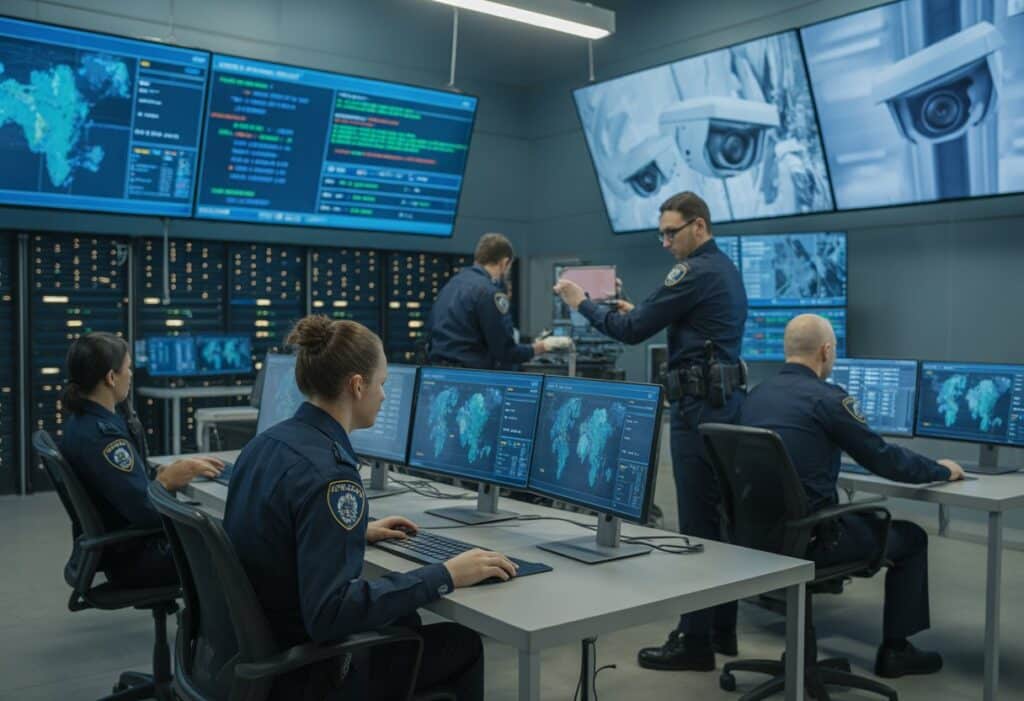 Politieagenten werken samen in een moderne controlekamer met computers en schermen waarop digitale kaarten en camerabeelden te zien zijn.