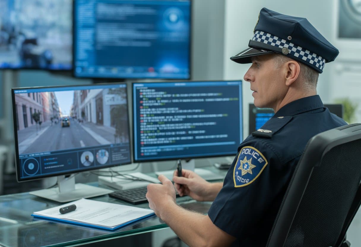 Een politieagent in uniform werkt achter een bureau met computerschermen die digitale gegevens en camerabeelden tonen.