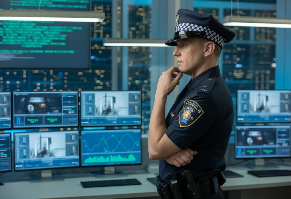 Een politieagent in een controlekamer met meerdere computerschermen die digitale gegevens en camerabeelden tonen.