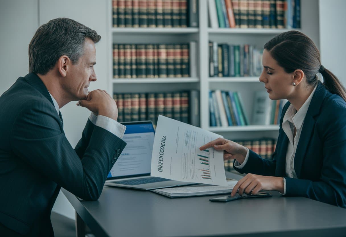 Een man in formele kleding krijgt juridisch advies van een vrouwelijke advocaat in een kantooromgeving.