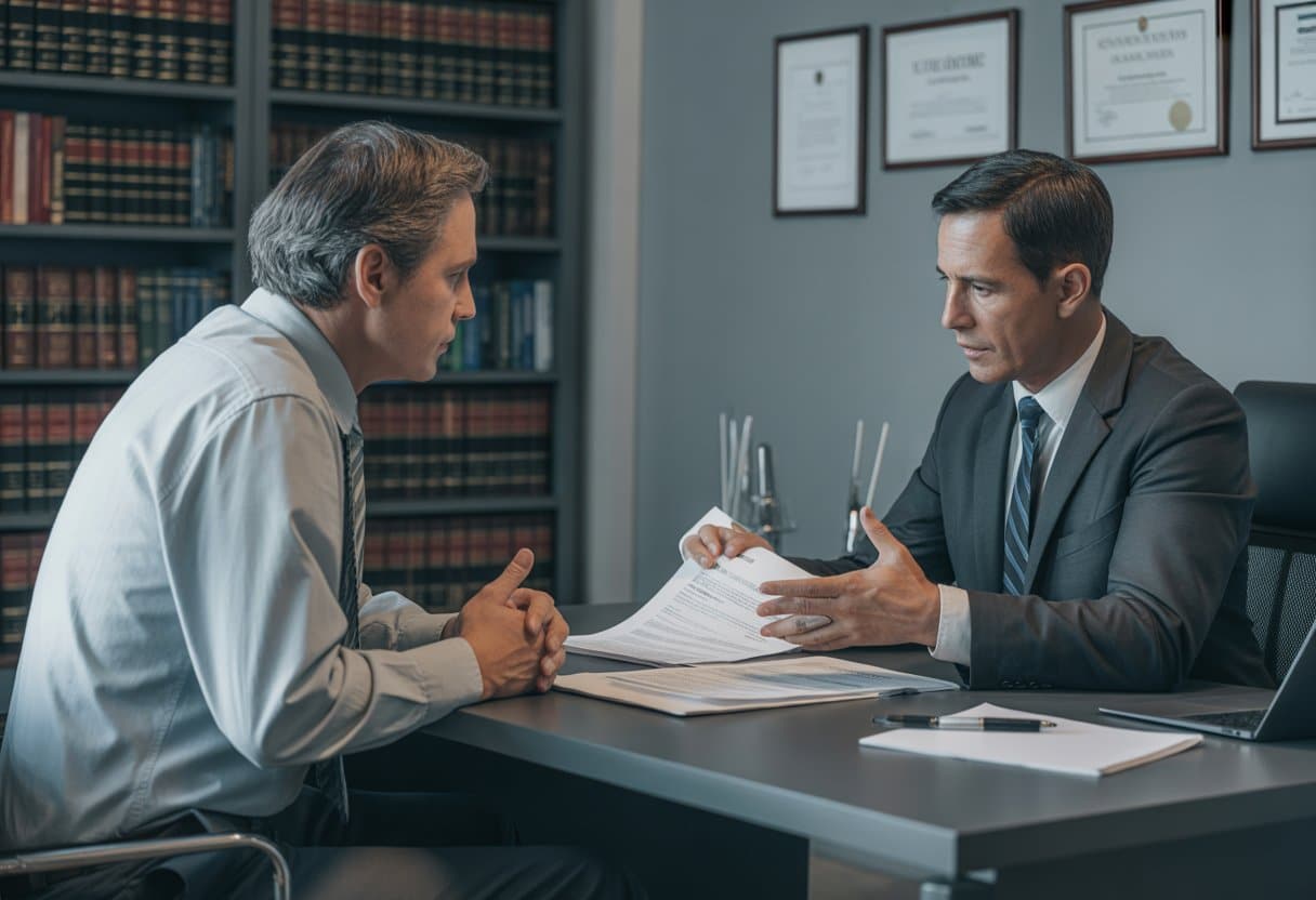 Een man en een advocaat zitten aan een bureau en bespreken juridische documenten in een kantoor.