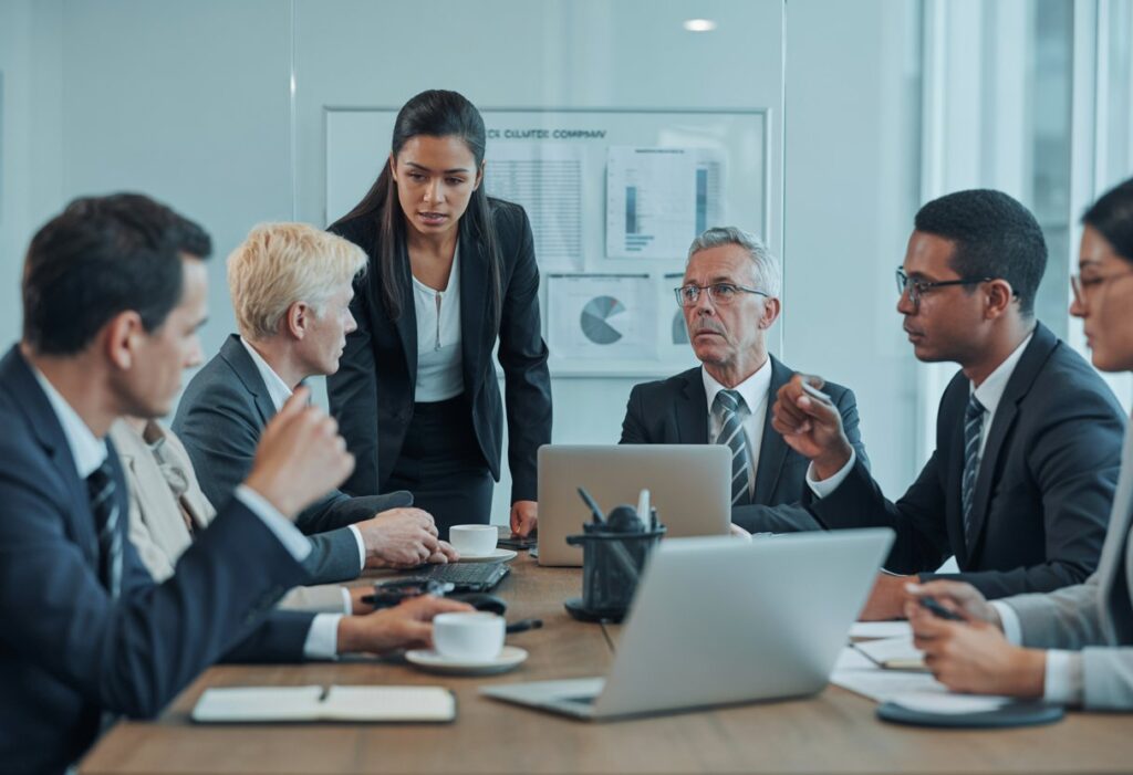 Een groep zakelijke professionals in een vergaderruimte die serieus overleggen aan een tafel met laptops en documenten.