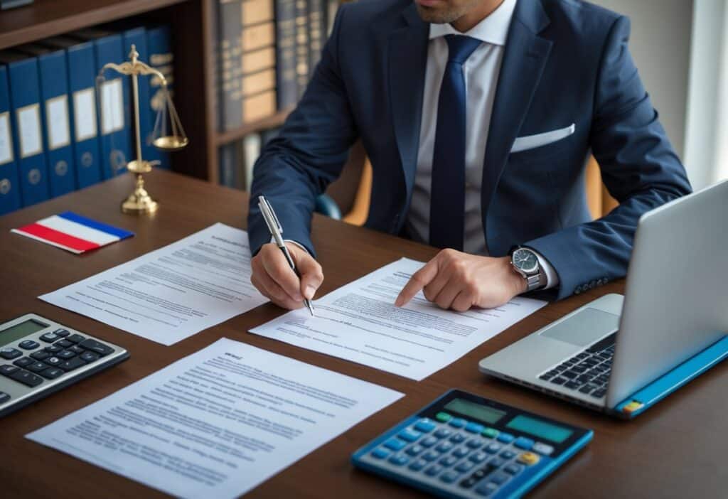 Een kantooromgeving waar een professional een contract ondertekent met juridische documenten en een laptop op het bureau.