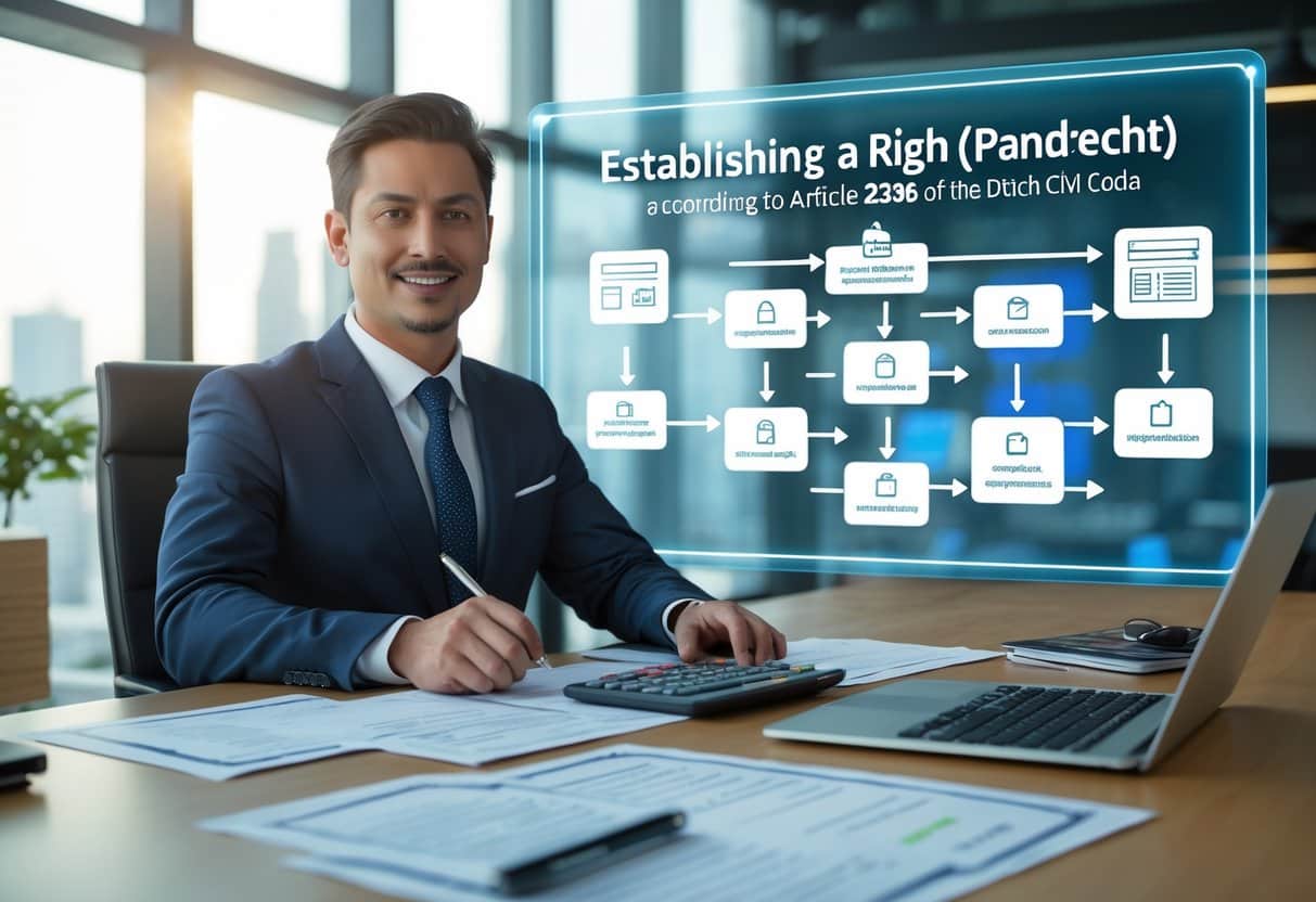 Een zakelijke professional zit aan een bureau met documenten en een laptop, terwijl op de achtergrond een digitaal scherm een stapsgewijze infographic toont over het vestigen van een pandrecht.