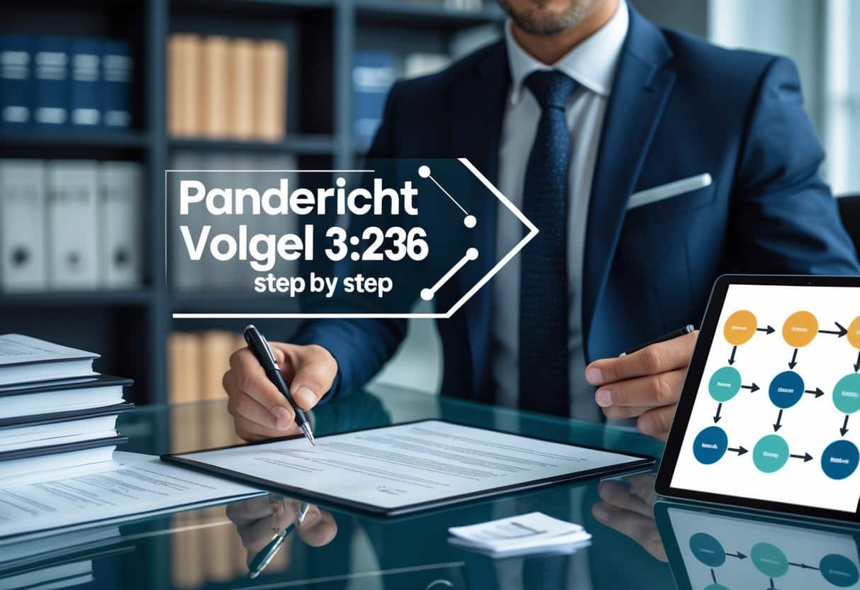 Een zakelijke professional legt stap voor stap het vestigen van een pandrecht uit aan een tafel met documenten en een tablet in een kantooromgeving.