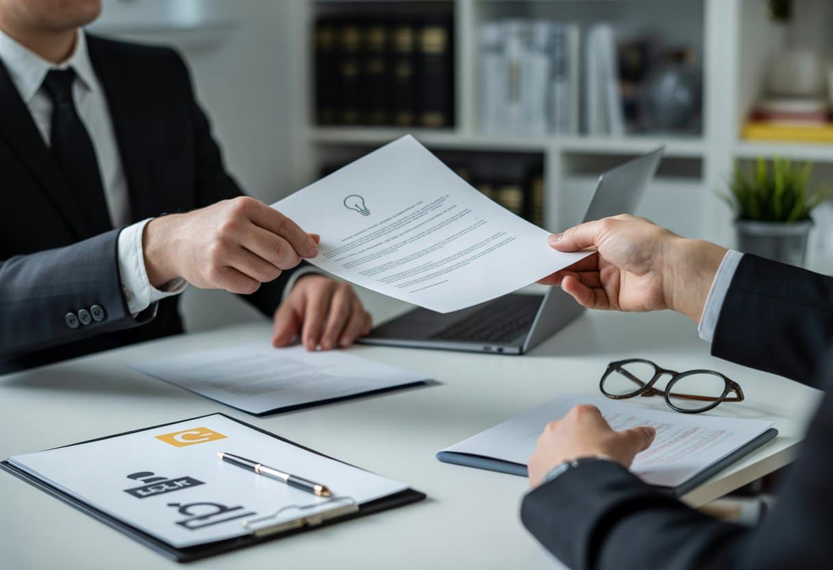 Twee professionals wisselen een document uit in een zakelijke kantooromgeving met voorwerpen die intellectuele eigendom symboliseren.