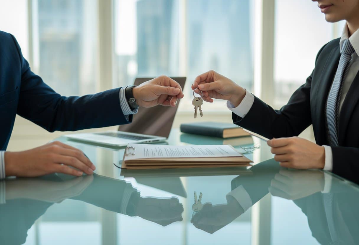Twee zakelijke professionals bespreken documenten in een modern kantoor, waarbij een van hen sleutels en een contract overhandigt.