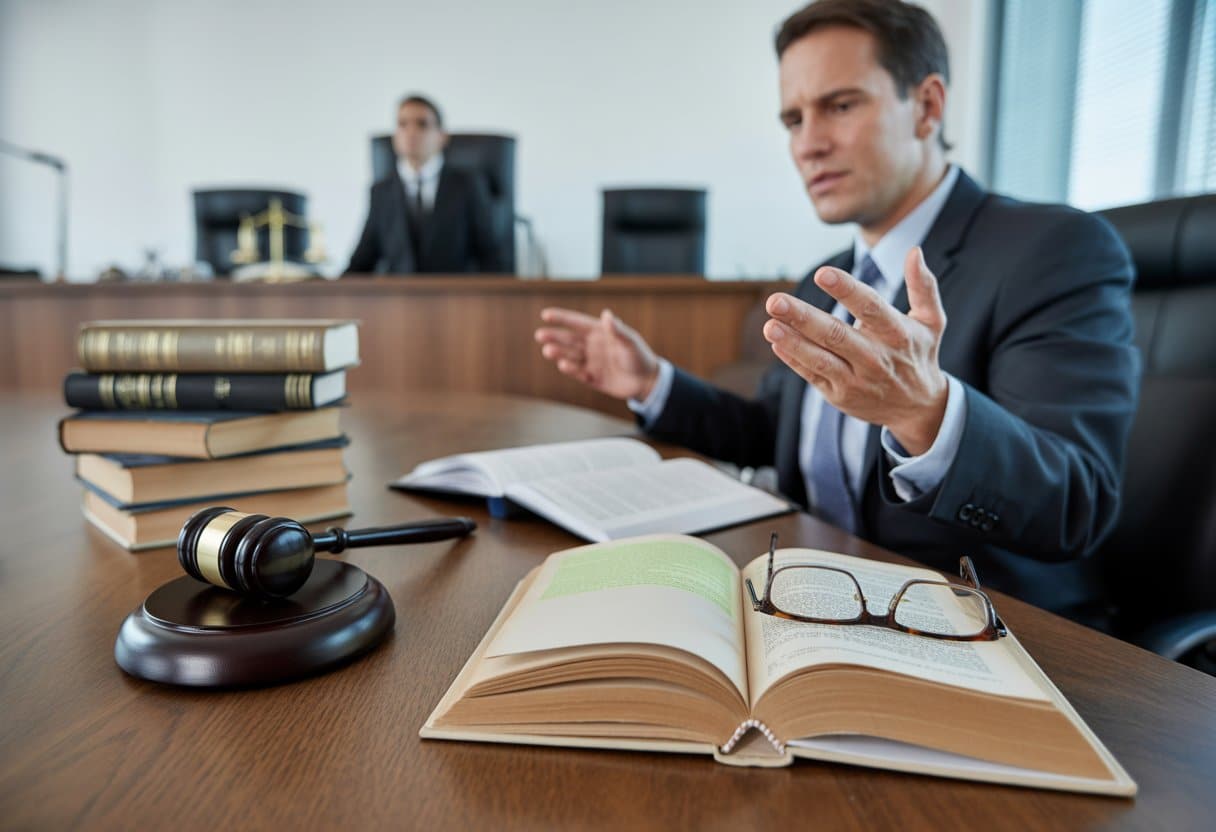 Een advocaat in formele kleding bespreekt juridische documenten in een rechtbank met een open wetboek en een hamer op een houten tafel.