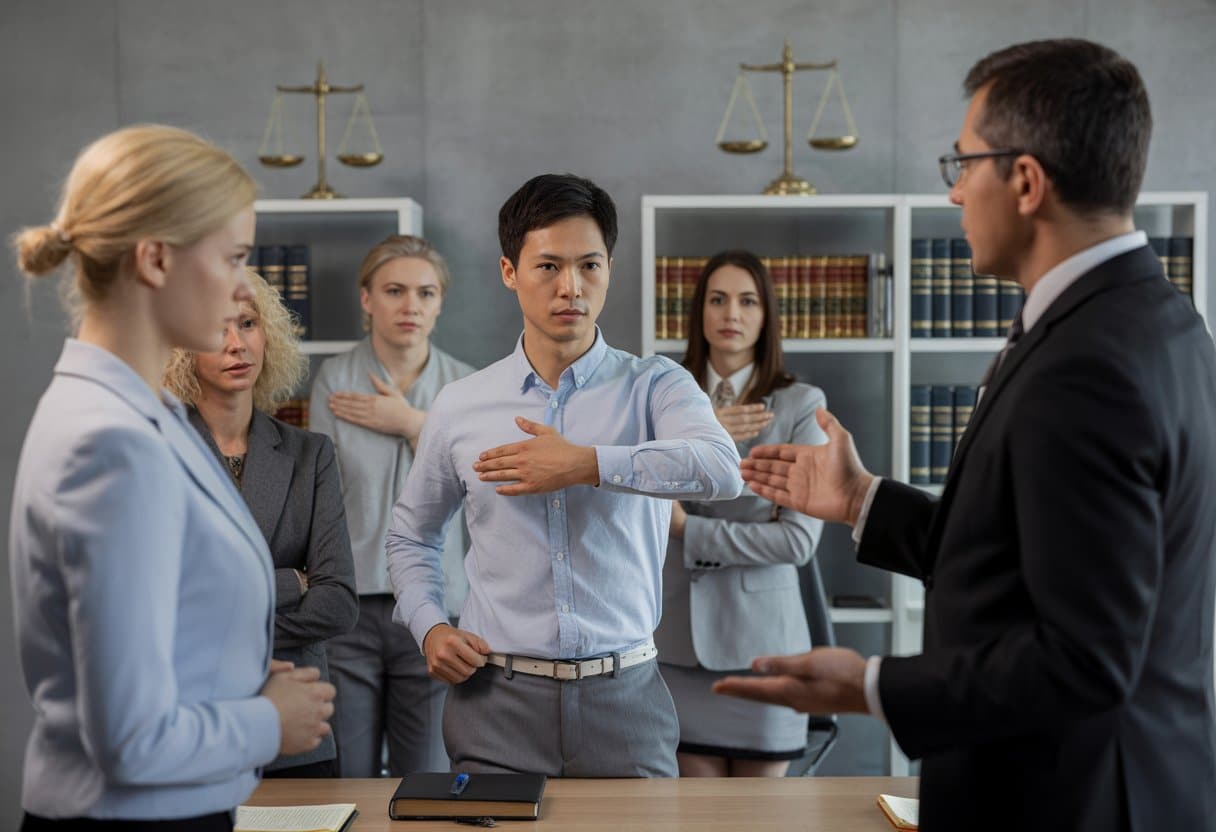 Een persoon toont een zelfverdedigingshouding terwijl een jurist uitleg geeft in een rechtszaalachtige omgeving.