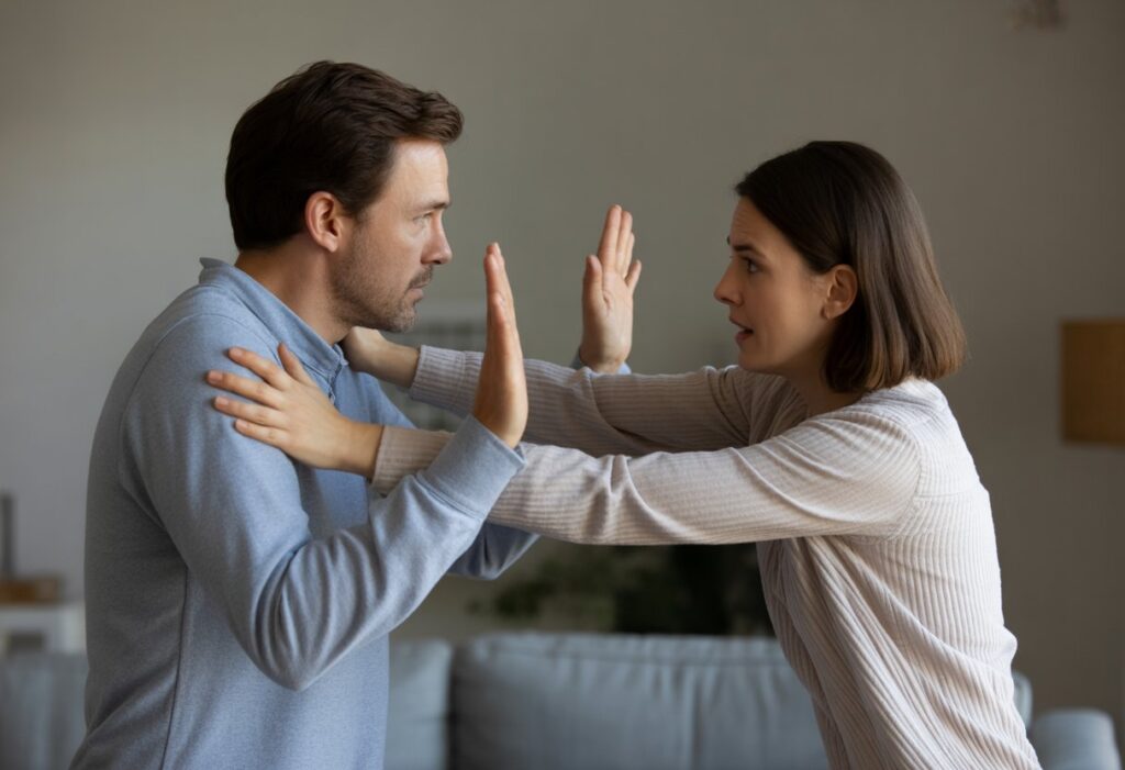 Een vrouw duwt een man met beide handen weg in een gespannen situatie binnenshuis.